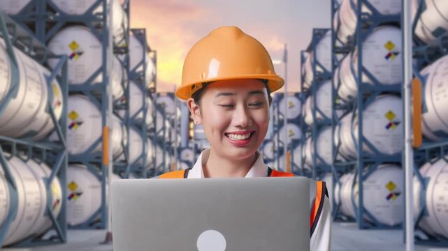 Close Up Of Asian Female Engineer With Safety Helmet Working On A Laptop And Looking Around While Standing at Industrial Chemical Tank Container Storage Facility