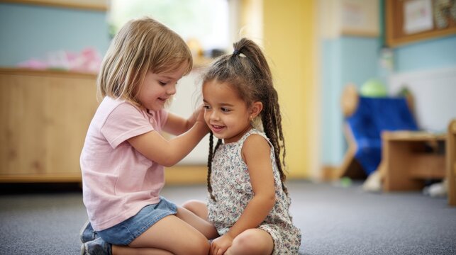 Two young girls playing together, one styling the other's hair in a classroom.