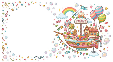 Fototapeta premium A whimsical, pastel-colored flying candy ship named Candy Cloud Airlines floats amidst bubbles, stars, and rainbows in a cute, festive illustration.