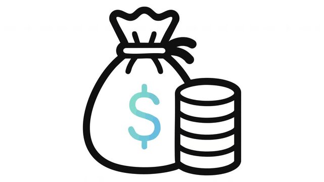 Animated money bag icon with stack of coins on white 4k