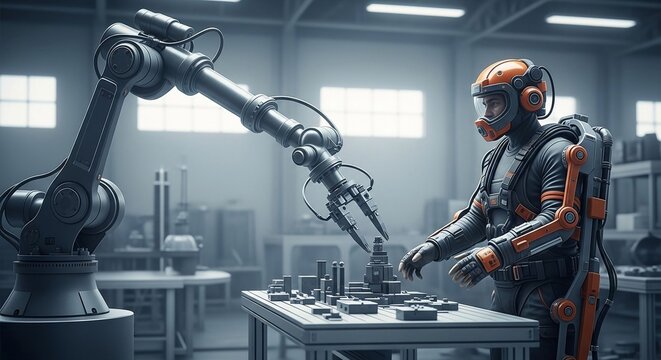 Futuristic worker in exoskeleton interacts with robotic arm and miniature city model in advanced industrial setting