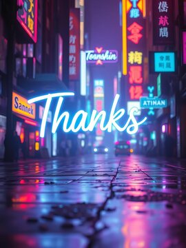 A heartfelt offering materialized in holographic script, bathed in the glow of a neon metropolis, expressing profound digital thanks,  metropolis,  city