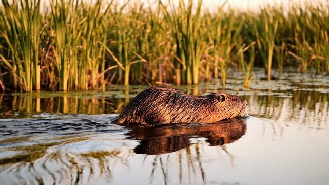 Nutria Swimming Gracefully Across Marsh Channel Surrounded By Lush Reeds In Golden Hour Light
