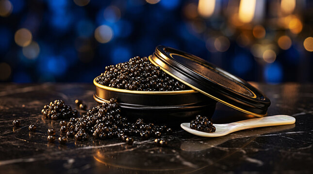Delicious caviar served in a luxurious gold tin on a table with a spoon.