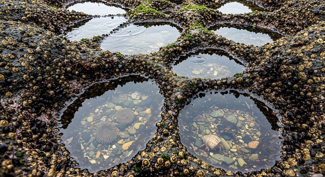 Moss covered rocky tidal pools landscape.