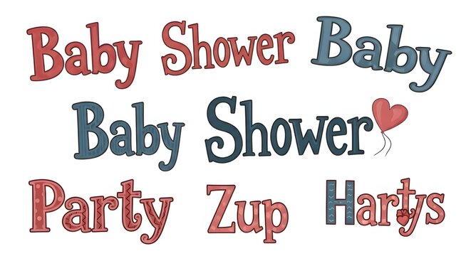 Baby shower party decorations, colorful text icons, celebration elements