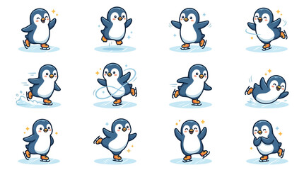 Fototapeta premium Cartoon penguins in various dance poses.