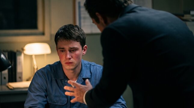 Tearful young male employee being reprimanded by an angry manager