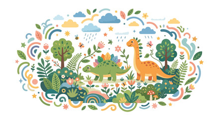 A playful vector illustration featuring two cute dinosaurs in a lush, whimsical landscape filled with colorful rainbows, clouds, flowers, and stars. © Regina