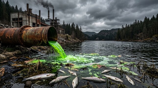 Rusty industrial pipe discharging bright green chemical waste into a river killing fish