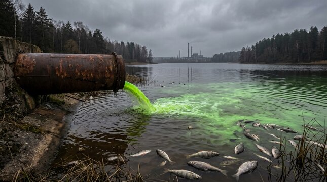 Bright green toxic waste pouring out of a rusty industrial pipe into a lake with dead fish