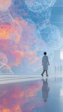 A scientist walks in front of a computerized brain network visualization.