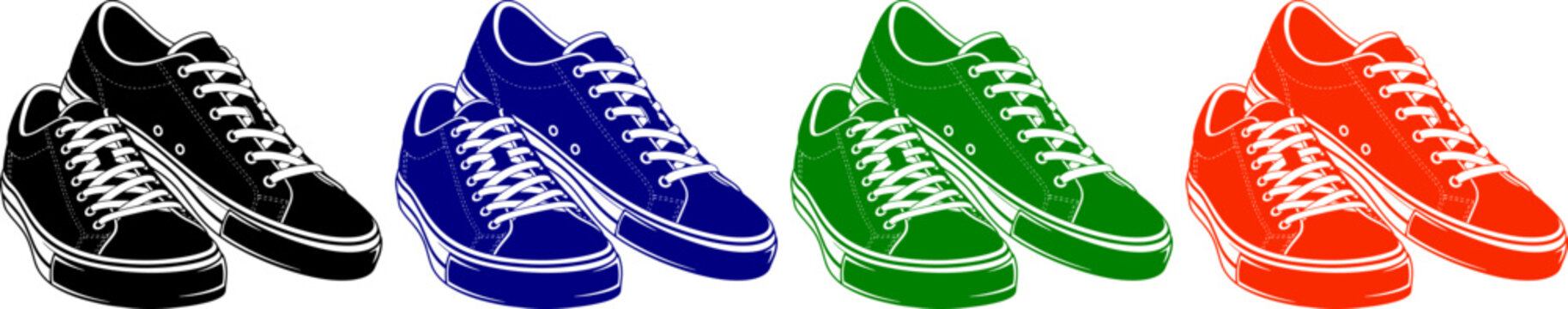 Four pairs of sneakers in black blue green and orange colors isolated on white background