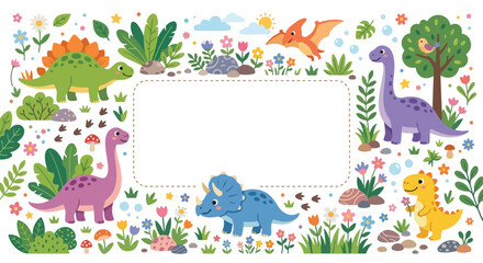 This colorful vector illustration features cute cartoon dinosaurs, vibrant plants, and flowers framing a white central rectangular text box. © Regina