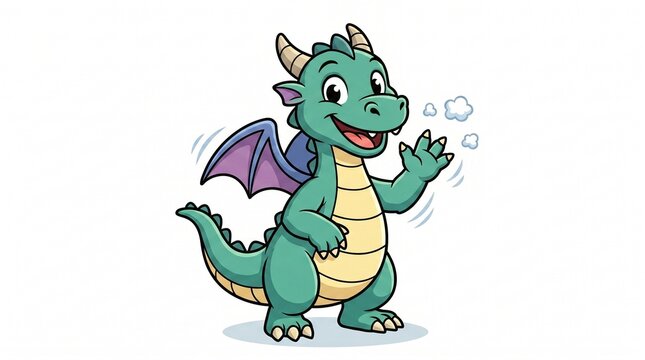 Friendly cartoon green dragon waving with purple wings and horns. Cheerful smiling baby dragon with yellow belly puffing smoke, kawaii fantasy character vector illustration.