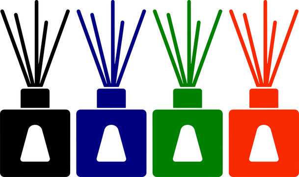 Four reed diffusers with sticks in black blue green and red colors with transparent background
