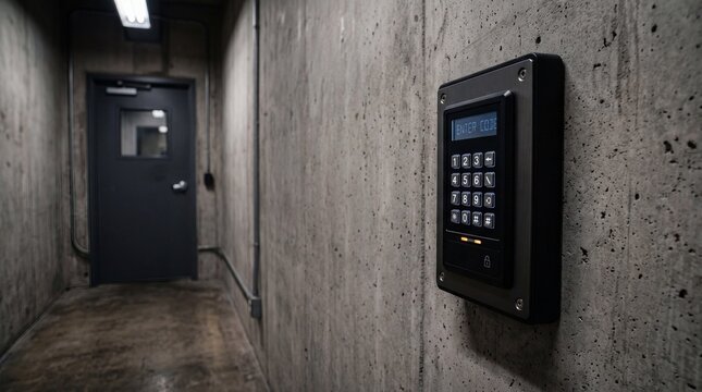 Security Doorway: A utilitarian corridor with a concrete wall, featuring a keypad entry system and a closed door, evoking a sense of secure access and restricted entry.