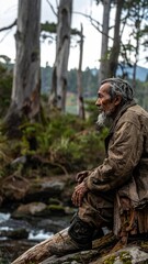 Fototapeta premium Elderly Man in Camouflage Sitting by a Forest Stream.