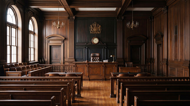 A Grand Courtroom Setting: An ornate and traditional courtroom interior, featuring rich wooden benches, a judge's bench, and arched windows, evoking a sense of solemnity and justice.