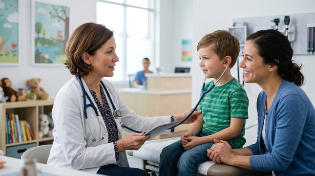 Pediatrician Examining Young Patient: A caring pediatrician with a stethoscope listens to a young boy's heartbeat while his mother looks on reassuringly in a brightly lit doctor's office.