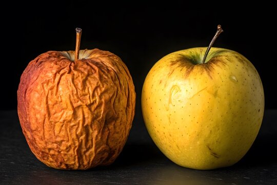 Fresh yellow apple beside a wrinkled rotten apple against a black background
