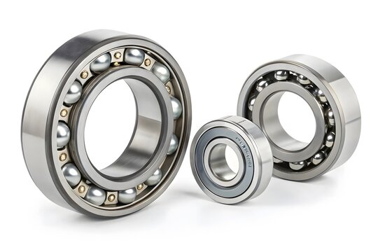 Three metal ball bearings of different sizes on a white background with industry
