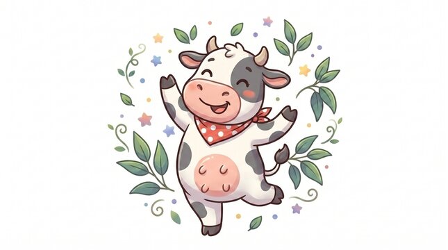 Joyful cartoon cow dancing with red polka dot bandana surrounded by leaves and stars. Happy smiling spotted cow character, kawaii farm animal vector illustration, flat style.