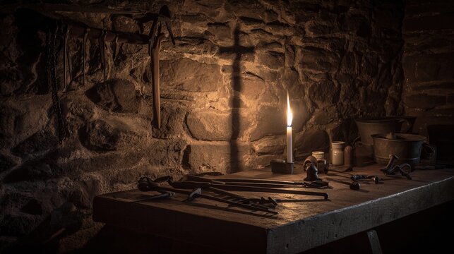 blacksmith. An empty stone chamber with torchlight on ancient metal tools, dramatic shadows. real-estate listings.