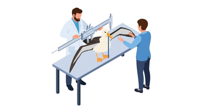 Ornithologists measuring a large bird with calipers in a laboratory