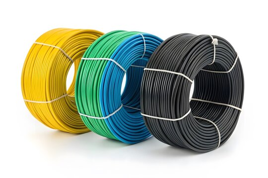 Three coils of colorful plastic cable spools on a white background with supplies