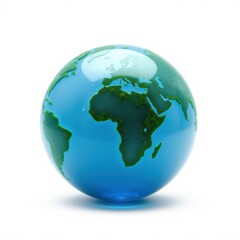 Fototapeta premium Blue globe depicts Earth, continents visible. Reflective surface suggests polished material. Simple presentation, clean background.