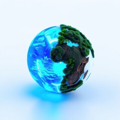 Fototapeta premium Blue sphere depicts earth. Green landmasses contrast bright oceans. Reflective surface creates soft glow, simple composition.