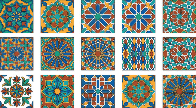 Islamic seamless mosaic tile pattern vector set featuring Moroccan arabesque ornaments, Portuguese azulejo styles, Spanish ceramic squares, and Turkish geometric mandalas.