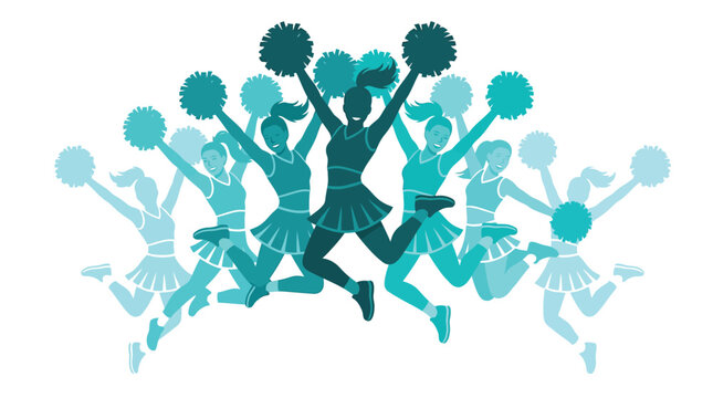 Vibrant blue vector illustration featuring a group of energetic cheerleaders jumping with pom poms high