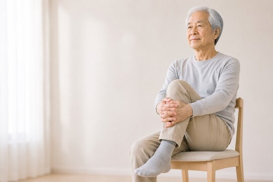 Senior Japanese man doing seated knee raises for frailty prevention, mid shot