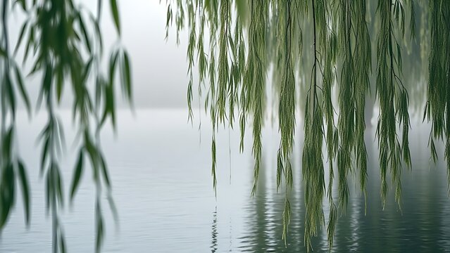 Weeping willow branches drooping over water on a grey, rainy day.