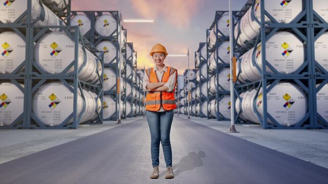 Full Body Of Asian Female Engineer With Safety Helmet Crossing Her Arms And Smiling To Camera While Standing at Industrial Chemical Tank Container Storage Facility