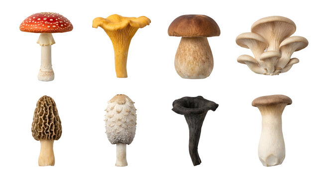 Collection of various edible and poisonous mushrooms isolated on transparent background