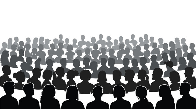 Minimalist vector illustration of a large diverse crowd of people gathering together in silhouette form