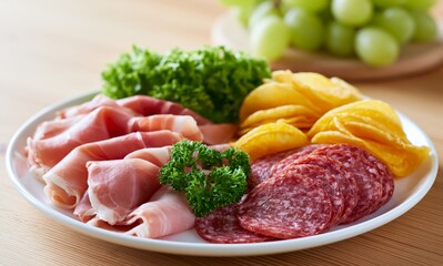 Fototapeta premium Assorted Cured Meats with Fresh Parsley and Green Grapes