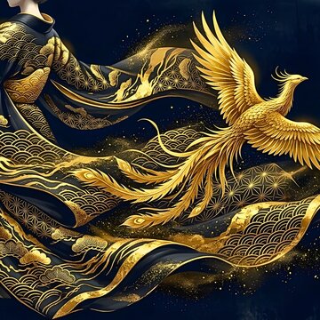 Majestic Golden Phoenix Flying from Luxury Japanese Kimono, Traditional Wamonoyou Patterns and Gold Dust on Dark Navy Square Art Backdrop