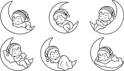 Fototapeta premium Newborn Baby Sleeping Peacefully in Crescent Moon Vector Illustration