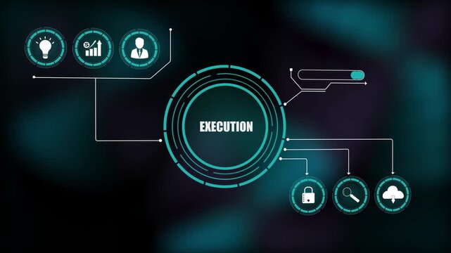 Futuristic digital execution interface, high-tech HUD dashboard displaying creative business growth analytics, and secure corporate cloud system.