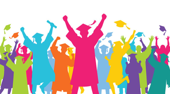 Vibrant colorful vector illustration of joyful students celebrating graduation with caps thrown in the air