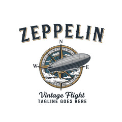 Detailed illustration of a classic zeppelin dirigible flying above a compass, perfect for travel, history, or vintage aviation branding. © LenteraCinema