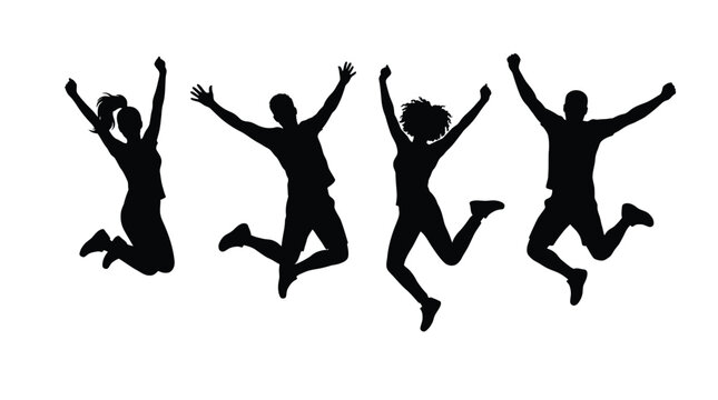 A black vector illustration showing a group of four diverse people jumping with joy together