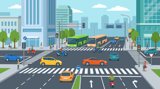 Colorful City Street Traffic Illustration With Vehicles.