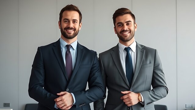 Two confident male executives in tailored suits in a minimalist corporate setting.