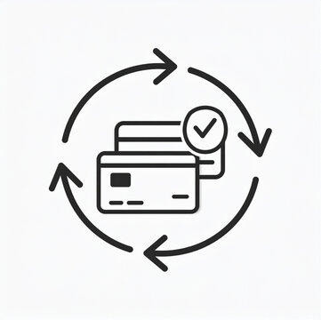 Credit card update vector icon with arrow cycle and check mark. Subscription renewal, financial transaction history, or auto payment concept.