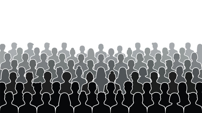 Flat vector illustration showing a large crowd of people with varying gray scale head silhouettes